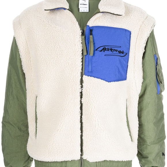 Puma x Attempt Sherpa Bomber Zip Up Olive Beige Mens Jacket 598257 75 - Picture 5 of 11